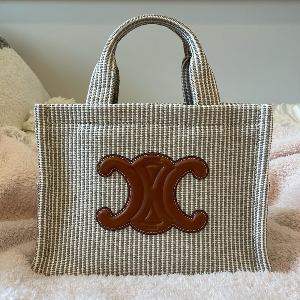 CELINE Cabas Thais small beige textile striped and brown leather tote
